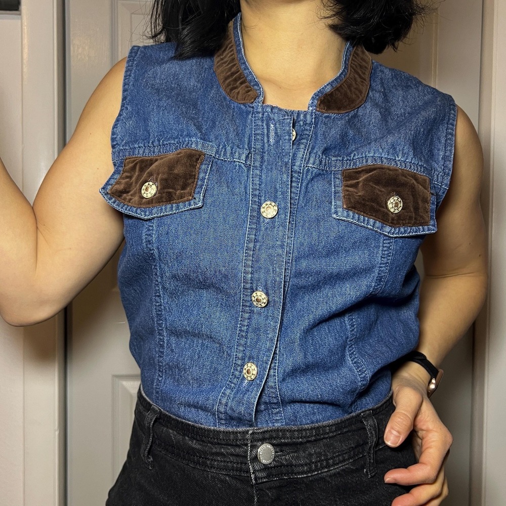vtg 90s sleeveless cotton denim button down blouse blue velvet trim Medium